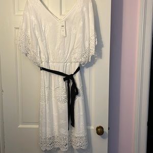 NWT Ann Taylor white dress with white lace accents and black gross grain belt